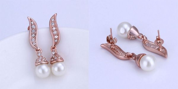 Bellast: Your Online Jewelry Shopping Destination: Rhinestone Crystal Feather Stud Earrings Artificial Pearl with 18K Gold Plated Tin Alloy Rose Gold