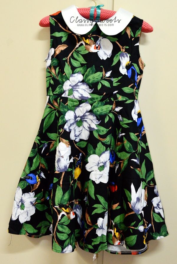 Romwe: Floral Print Doll Collar Sleeveless Pleated Dress